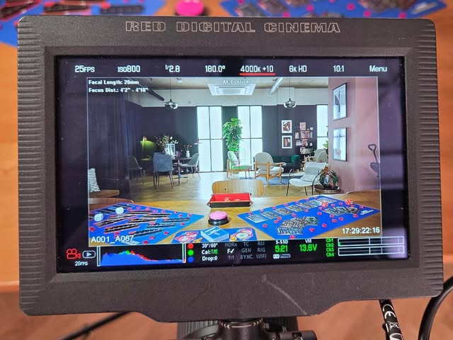 A camera monitor showing the setup for filming CareCombobulation games